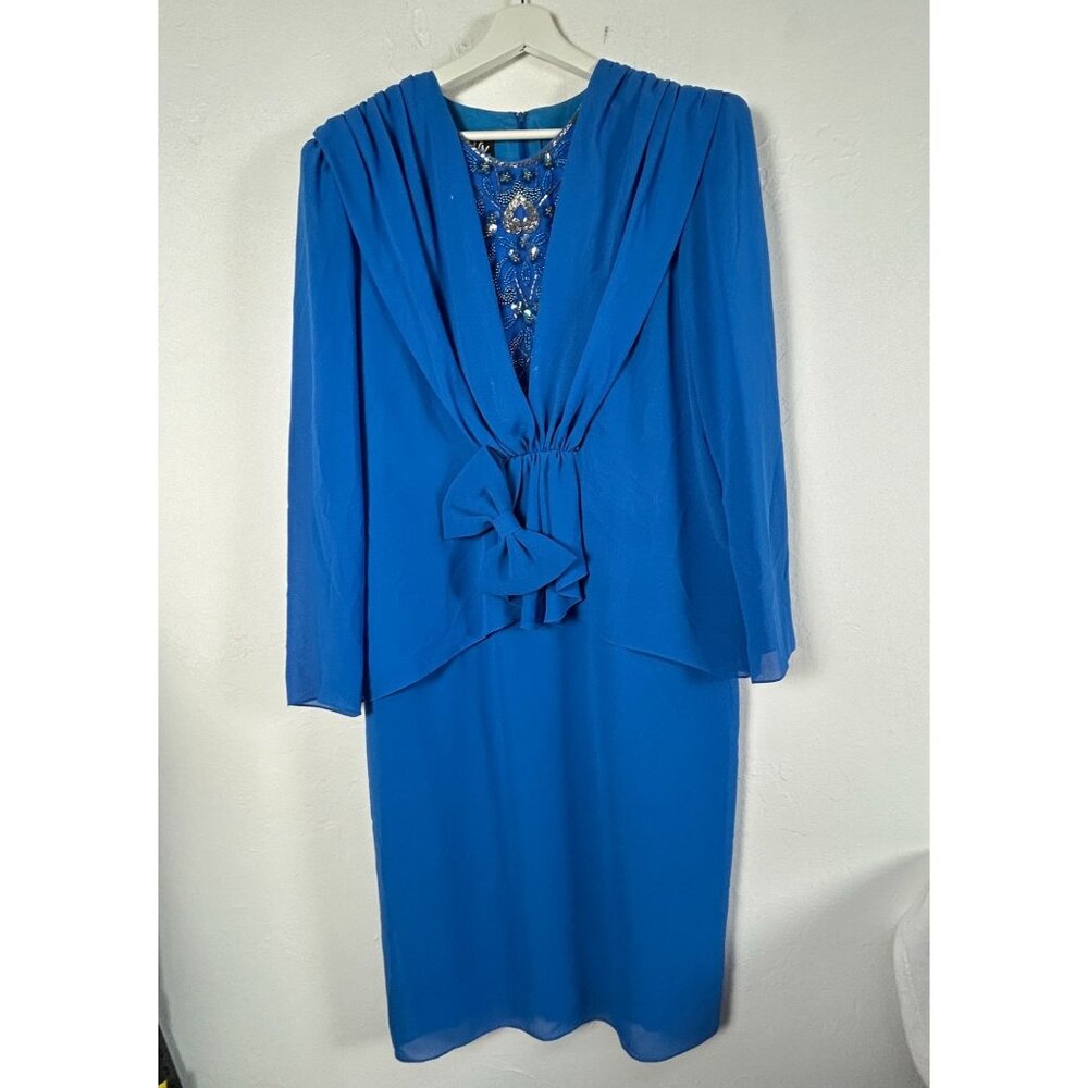 Vintage Ursula of Switzerland Womens Mother of the Bride Dress Size 14 Blue Bead